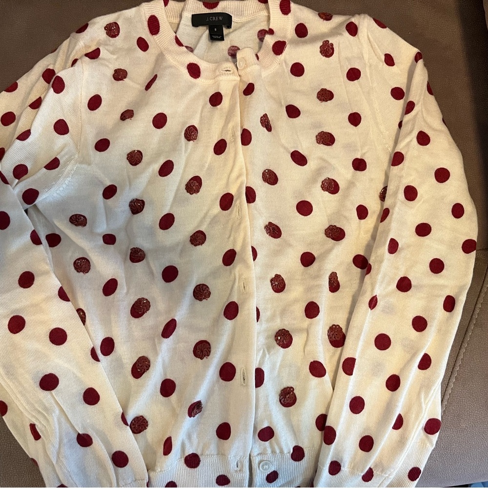 J. Crew Cream and Red Polka Dot Cardigan